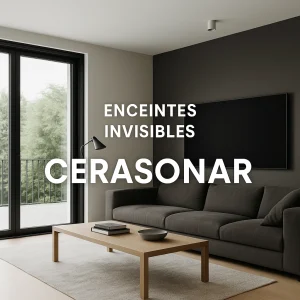 Installation d’enceintes invisibles Cerasonar intégrées dans un salon moderne au Pays Basque, offrant une expérience sonore immersive et esthétique.