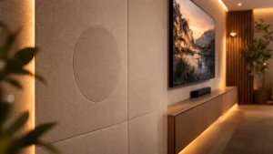 enceintes invisibles encastrées dans mur avec intégration acoustique haut de gamme salon home cinéma