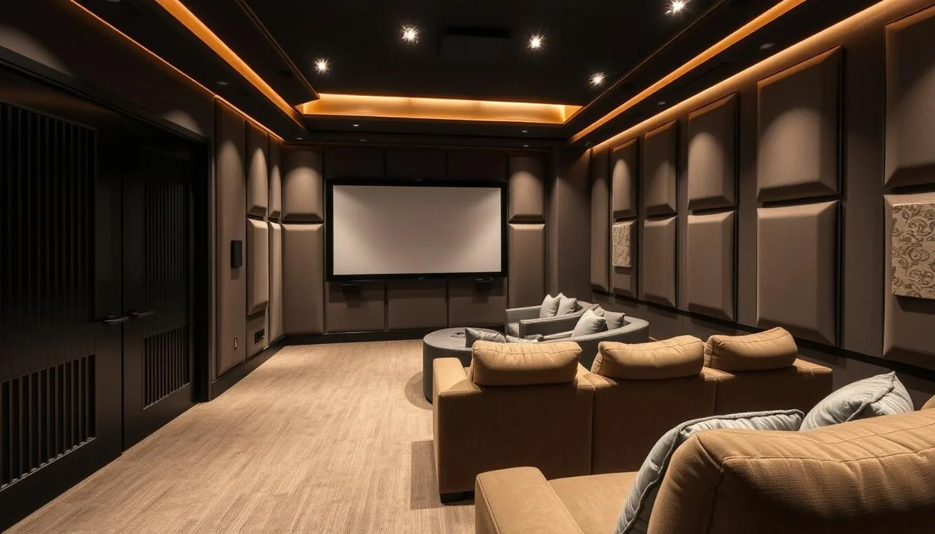 Salle de cinéma privée avec banquette panoramique beige et éclairage cuivré au plafond, Pays Basque