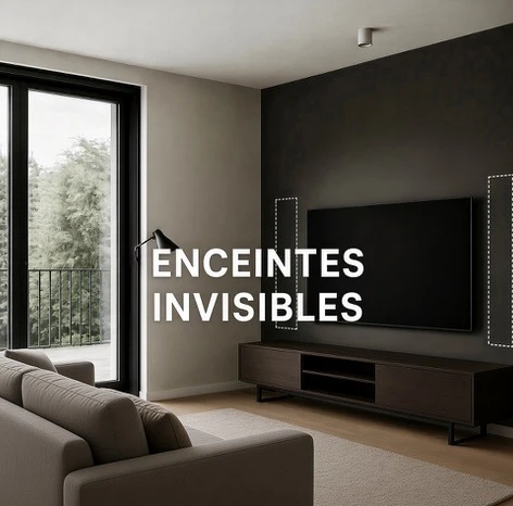 Salon avec haut-parleurs invisibles intégrés dans le mur de part et d’autre du téléviseur