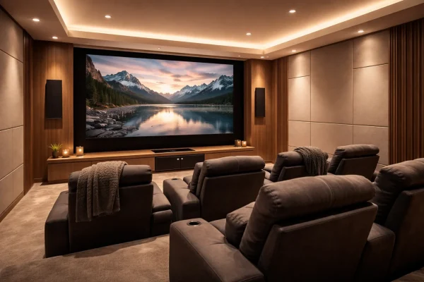 home cinéma sur mesure haut de gamme avec écran géant fauteuils confortables et traitement acoustique
