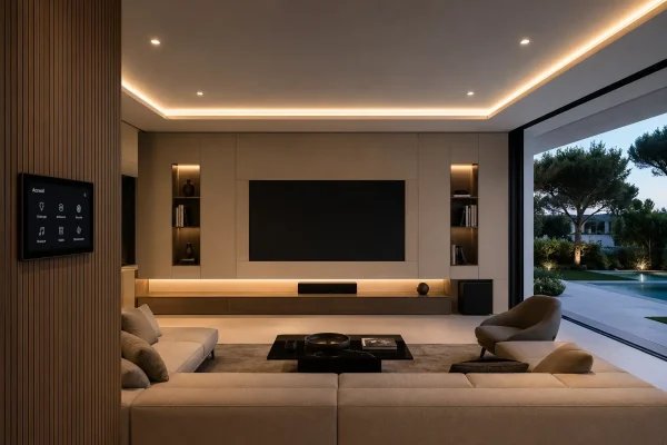 Technologie audiovisuelle discrètement intégrée dans une villa contemporaine haut de gamme